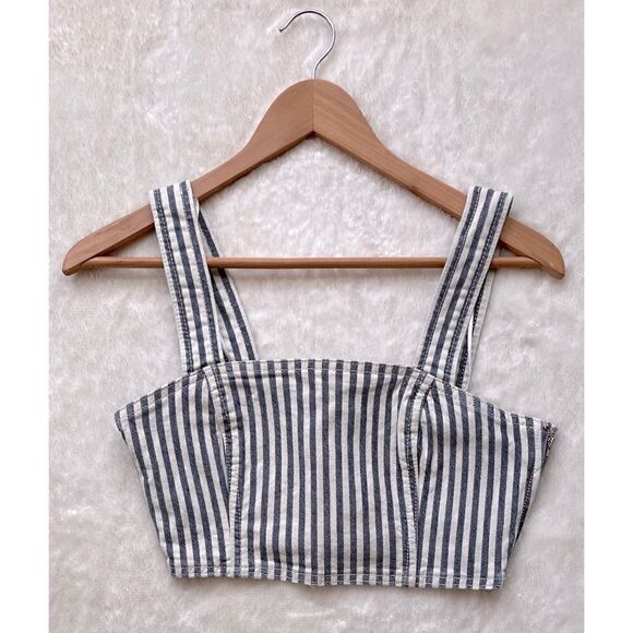 NWT Zara Blue & White Printed Striped Denim Crop Top, Size Small - Picture 11 of 15